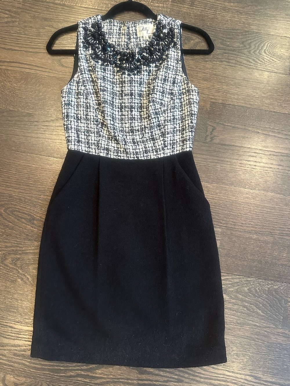 Milly Sleeveless Black and White Tweed and Beaded Sheath Dress